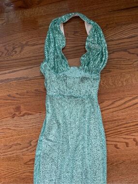 Sequin Halter Evening Dress in Mint Green